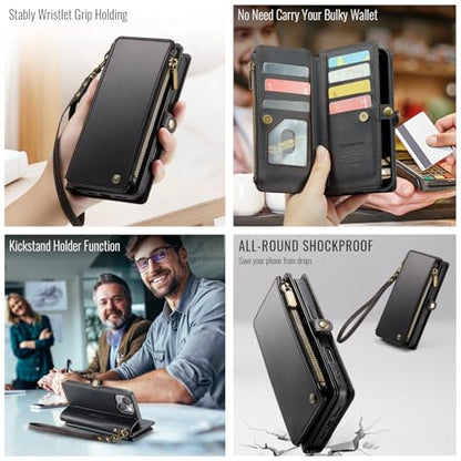 Defencase for iPhone 15 Plus Wallet Case with RFID Card Holder, Black | Durable Soft PU Leather, with Zipper Pocket, Wrist Strap, Fashion Snap Flip Phone Cases Cover with Stand for Women and Men - color: Black