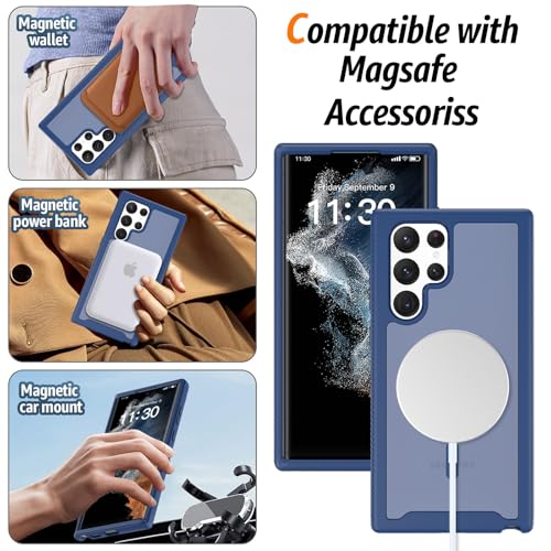 for Samsung Galaxy S22 Ultra Case Magnetic, Compatible with Magsafe 6.8-Inch Slim Fit 360 Heavy Duty Protector Wireless Charging Shockproof Anti-Slip TPU and PC Protective Phone Cover, Blue - color: Blue