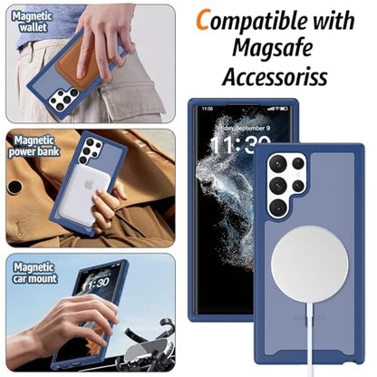 for Samsung Galaxy S22 Ultra Case Magnetic, Compatible with Magsafe 6.8-Inch Slim Fit 360 Heavy Duty Protector Wireless Charging Shockproof Anti-Slip TPU and PC Protective Phone Cover, Blue - color: Blue