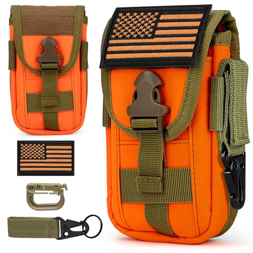 Tactical Cell Phone Holster Pouch Case, Molle Attachment Belt Holder for 4.7"-6.9" with US Flag Patch and Gear Clip for iPhone 18 Pro Max/17 Pro/16 Pro - color: Orange