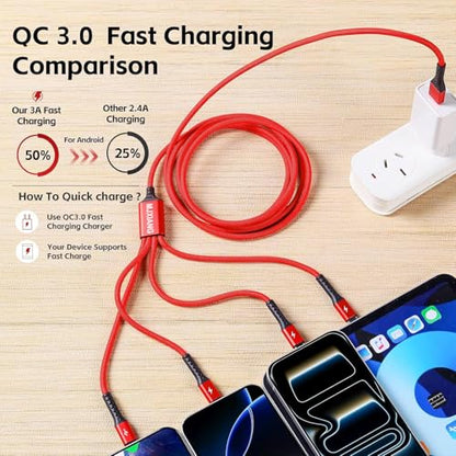 MJXIANG Long Multi USB C Cable 7.2FT, QC 3.0 (3A) Fast Charging Cord 4 in 1 - color: 7.2FT/1Pack(Red)