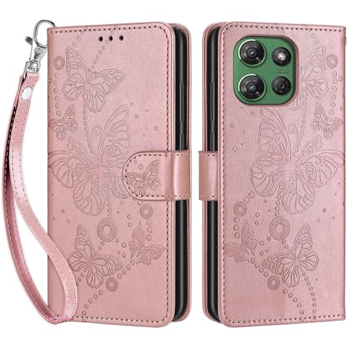 Wallet Case for Motorola Moto G Power 2025/2026, Rose Gold Butterfly | Women Flip Folio Cover, Embossed PU Leather, Stand, Credit Card Holders Slots, Wrist Strap - color: 7