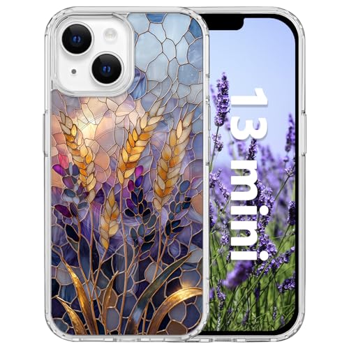 for iPhone 13 Mini 5.4" Magnetic Case[Compatible with MagSafe] Aesthetic Vintage Stained Glass Bloom Flower Design, Slim Fit Hard PC Back Shockproof Cute Clear Phone Cover, Wheat/Lavender - color: Wheat/Lavender, size: iPhone 13 Mini