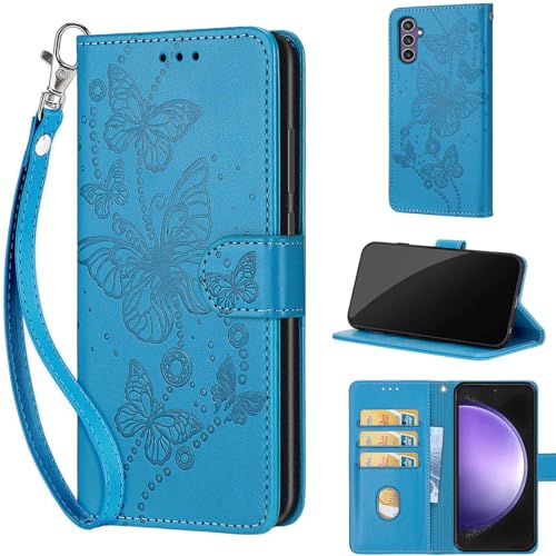 Wallet Case for Samsung Galaxy S23 FE, Blue Butterfly | Women Flip Folio Cover, Embossed PU Leather, Stand, Credit Card Holders Slots, Wrist Strap - color: 8