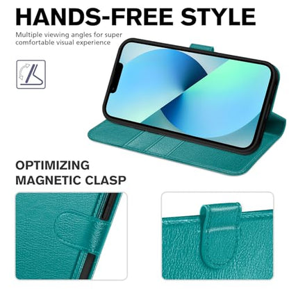 TUCCH Wallet Case for iPhone 13 (6.1") 2021, 3 Card Holders, Cyan | RFID Blocking, Viewing Stand, Shockproof TPU Shell, PU Leather, Magnetic Closure, Protective Folio Flip Cover - color: Cyan - Textured