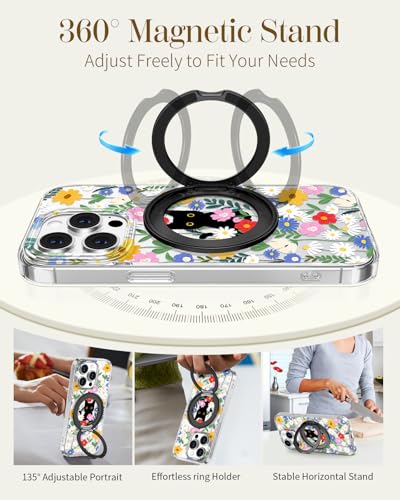 Loheckle for iPhone 12/12 Pro Case with Stand- Compatible with MagSafe Women Girls Cute Clear Girly Unique Design Soft TPU Magnetic Ring Phone Cover for Apple 12/12 Pro, Cat Flower