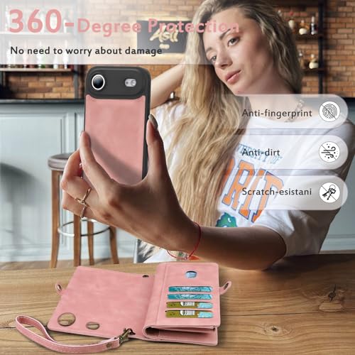 for Wallet Case Compatible with iPhone 17 Air,Multi-Function Detachable 2 in 1 Magnetic iPhone 17 Air Case Wallet,Flip Strap Zipper Card Holder Phone Case with Shoulder Straps (Pink) - color: Pink, size: iPhone 17Air
