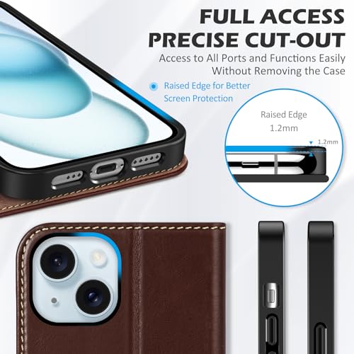 SHIELDON Genuine Leather Wallet Case for iPhone 15 6.1" 2023, Retro Coffee | RFID Blocking, Credit Card Holder, Magnetic Closure, Kickstand, Folio Design, Shockproof Phone Cover - color: Retro Coffee