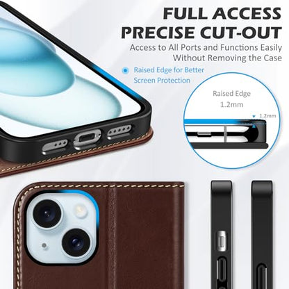 SHIELDON Genuine Leather Wallet Case for iPhone 15 6.1" 2023, Retro Coffee | RFID Blocking, Credit Card Holder, Magnetic Closure, Kickstand, Folio Design, Shockproof Phone Cover - color: Retro Coffee