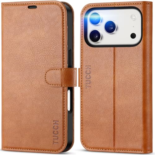 TUCCH Case Wallet for iPhone 17 Pro 6.3", RFID Blocking Folio, Light Brown | 4 Card Holders, Kickstand, PU Leather, Magnetic Closure, Shockproof TPU Shell, Protective Flip Cover - color: Textured Light Brown