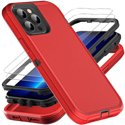 YKHJKLEC for iPhone 13 Pro Max Case, Military Grade 3 in 1 Heavy Duty Shockproof/Drop Proof/Dust Proof Case with 2Pcs Tempered Glass Screen Protector (Red/Black) - color: Red/Black