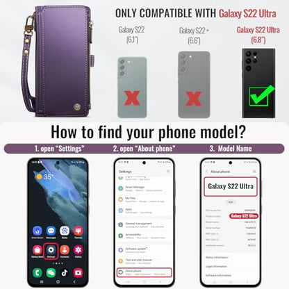 Defencase for Samsung Galaxy S22 Ultra Wallet Case with Card Holder, Purple | Durable PU Leather, with RFID Blocking Zipper Pocket, Wrist Strap, S22 Ultra Flip Phone Cases Cover with Stand for Women Men - color: Aesthetic Purple