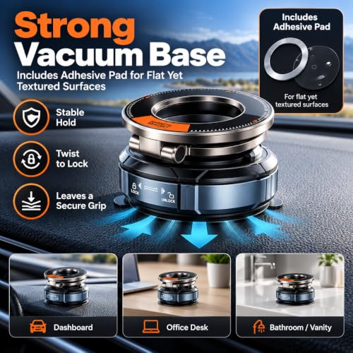 Vacuum Magnetic Car Phone Mount, Zinc Alloy Folding Suction Cup Holder with Sticky Gel Base for Dashboard & Windshield, Compatible with MagSafe iPhone, Samsung and Android Phones