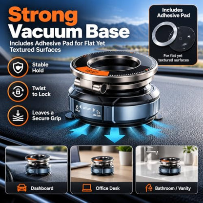 Vacuum Magnetic Car Phone Mount, Zinc Alloy Folding Suction Cup Holder with Sticky Gel Base for Dashboard & Windshield, Compatible with MagSafe iPhone, Samsung and Android Phones