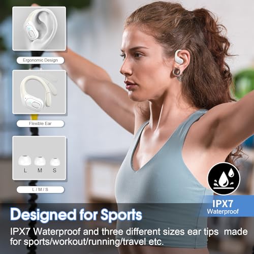 Wireless Earbuds 75H Bluetooth 5.4 Sport Headphones with Earhooks, White - color: White