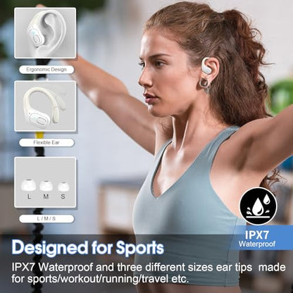 Wireless Earbuds 75H Bluetooth 5.4 Sport Headphones with Earhooks, White - color: White