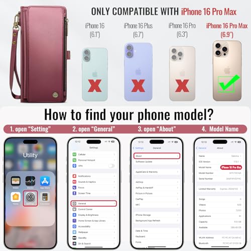 Defencase for iPhone 16 Pro Max Wallet Case with RFID Card Holder, Wine Red | Durable Soft PU Leather, with Zipper Pocket, Wrist Strap, Fashion Snap Flip Phone Cases Cover with Stand for Women and Men - color: Wine Red