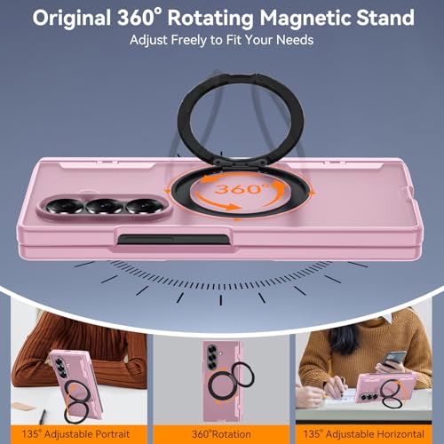 Upgraded 360° Spin Magnetic Invisible Ring Stand for Samsung Galaxy Z Fold 7 Case,[Compatible with MagSafe][S Pen Holder][Hinge Protection][Screen Protector],Shockproof Full Body Phone Cover - color: Pink -1
