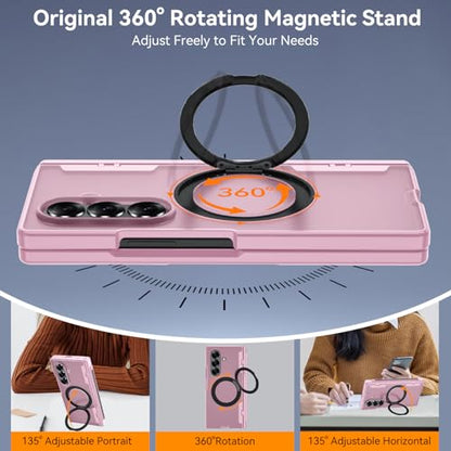 Upgraded 360° Spin Magnetic Invisible Ring Stand for Samsung Galaxy Z Fold 7 Case,[Compatible with MagSafe][S Pen Holder][Hinge Protection][Screen Protector],Shockproof Full Body Phone Cover - color: Pink -1