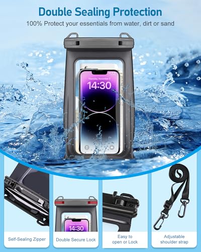 Large Waterproof Phone Pouch Universal Phone Waterproof Case for Phone IPX8 Water Proof Dry Bag with Wide Lanyard Large Capacity Waterproof Bag for Swimming Rafting - color: Black, Large Opening 5.1''