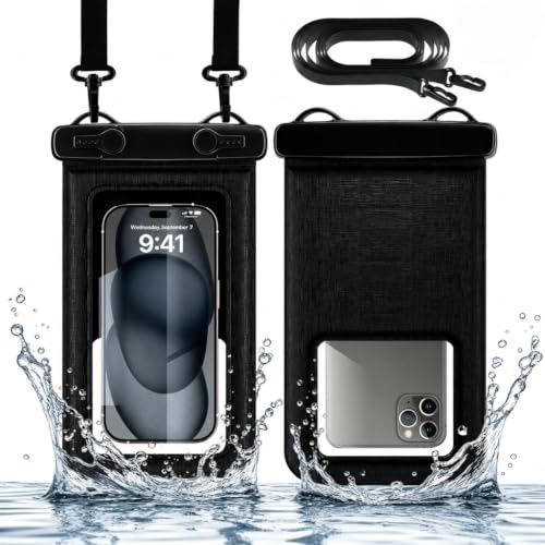 2 Pack IPX8 Floating Waterproof Phone Pouch, Anti-Pop Lock 27.68 Sq in Extra Large Case, Sensitive Touch & Detachable Lanyard, Beach Cruise Essentials for iPhone & Samsung, Black (Black)