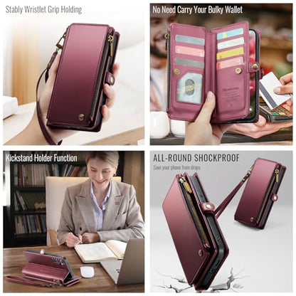 Defencase for Samsung Galaxy S25+/Plus Wallet Case with Card Holder, W-Red | with RFID Blocking Zipper Pocket, Durable PU Leather, Wrist Strap, S25 Plus Flip Phone Cases Cover with Stand for Women Men - color: Wine Red