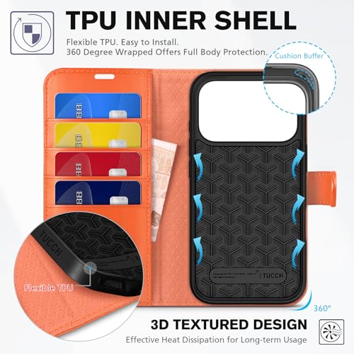 TUCCH Wallet Case for iPhone 17 Pro (6.3") 2025, 4 Card Slots, Orange | RFID Blocking, Viewing Stand, Shockproof TPU Shell, PU Leather, Magnetic Closure, Protective Folio Flip Cover - color: Orange
