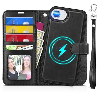 TUCCH 2-in-1 Detachable Wallet Case for iPhone 17e/16e (6.1"), Black | 4 Card Holders, RFID Blocking, Wireless Charging, Kickstand, Wrist Strap, Shockproof TPU, PU Leather, Magnetic, Folio Cover - color: Black