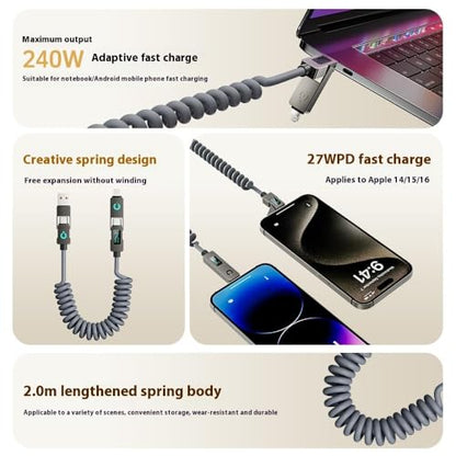 4 in 1 USB C Cable with LED Display, 240W Fast Charging Retractable Spring Data Cable Up to 6.6 Feet, Support CarPlay, iPhone/iPad/Samsung/Laptop (Gray)