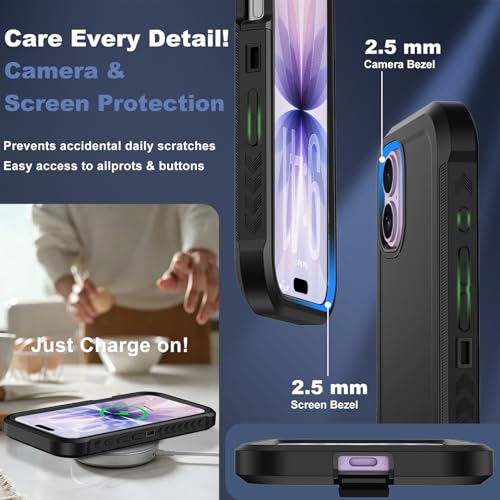 for iPhone 17 Case with Belt Clip Holster,[Compatible with MagSafe] w/Screen Protector,Anti-Drop Shockproof Heavy Duty Protective Rugged Magnetic Phone Cover,with 360°Rotating Kickstand (Black - color: Black