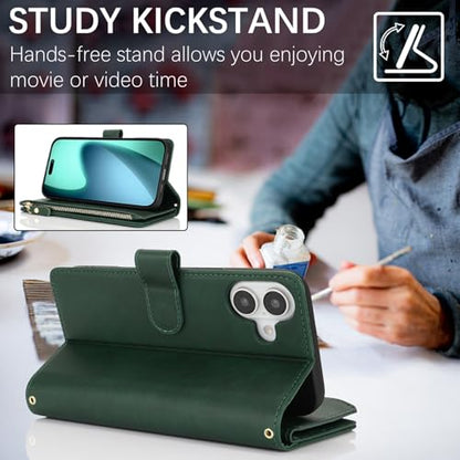 Wallet Case Compatible with iPhone 17 with Wrist Strap,2025 Release Purse for Women Men,[9 Card Slots] Card Holder Zipper Cash Pocket Magnetic Leather Cover,6.3 inch Dark Green - color: Dark Green, size: iPhone 17