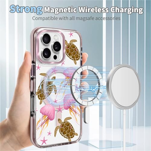 VisEnt Clear Case for iPhone 16 Pro, Magnetic Phone Case, Transparent Slim Cover, Military Grade Protection, Shockproof, Anti-Yellowing, Scratch Resistant, Pink Jellyfish Sea Turtle - color: Pink Jellyfish Sea Turtle, size: Iphone 16 Pro
