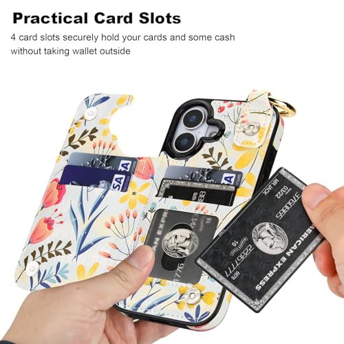 HAOPINSH Wallet Case for iPhone 17 with Card Holder, Floral Flower Print Back Flip Folio PU Leather Kickstand Card Slots Case, Finger Grip Ring Double Magnetic Clasp Shockproof 6.3" - color: Floral Flower Grip Ring