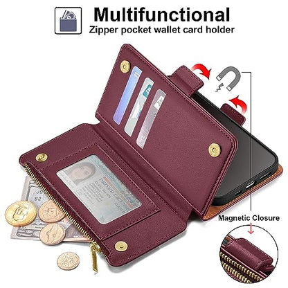 Antsturdy Compatible with iPhone 12 Wallet Case,RFID Blocking PU Leather Phone Case Women Men Kickstand Flip Cover Wrist Strap Zipper Credit Card Holder Slots,for Apple 12 Pro 6.1",Wine Red | RFID Blocking,with Credit Card Holder Slots,PU Leather Purse,Zi