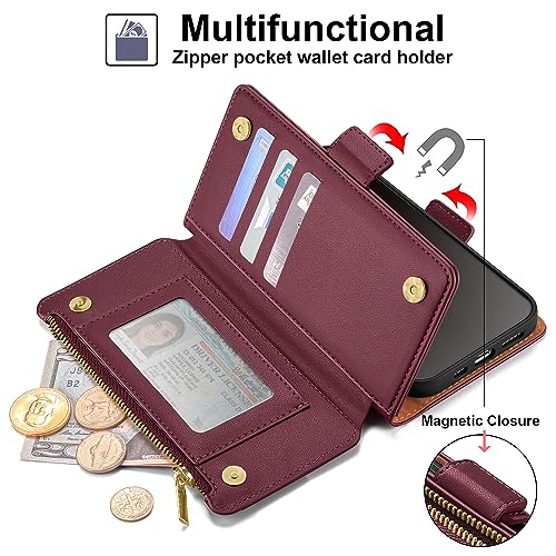 Antsturdy for iPhone 17 Phone Wallet Case Women,Wine Red | RFID Blocking,with Credit Card Holder Slots,PU Leather Purse,Zipper Pocket,Wrist Strap Kickstand,Flip Folio Cover for Men - color: Wine Red