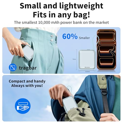 Hichain Mini Portable Charger with Built in Cables LED Display, Mini Power Bank 10000mAh 22.5W USB-C Fast Charging Portable Charger, Small Power Bank for iPhone Compatible with iPad & Android Blue - color: Blue