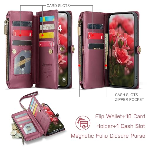 Defencase for Samsung Galaxy S26 Wallet Case with RFID Card Holder, WineRed | Durable Soft PU Leather, with Zipper Pocket, Wrist Strap, Fashion Snap Flip S26 Phone Cases Cover with Stand for Women Men - color: Wine Red