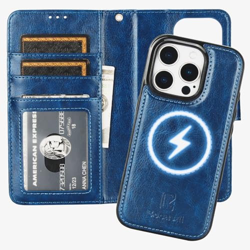 Bocasal for MagSafe Wallet Case Card Holder for iPhone 16 Pro, Blue | RFID Blocking Kickstand Magnetic PU Leather Case with Card Slots Holder for Wireless Charging Detachable Wrist Strap 6.3 Inch - color: Blue for MagSafe