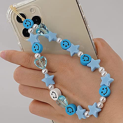 LUSTEMBER Cute Beaded Phone Charm, Smiley Face Wrist Strap, Colorful Handmade Polymer Clay and Pearl Chain - color: Blue