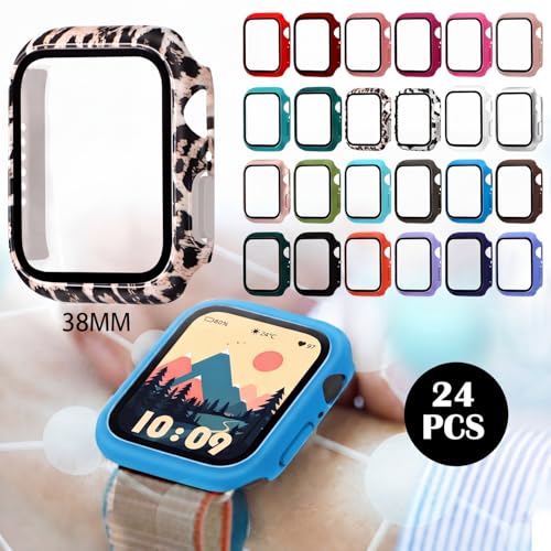 Sieral 24 Pack Watch Case with Tempered Glass Screen Protector Compatible with Iwatch 38mm Series 3/2/1, Hard PC Full Scratch Resistant Bumper Protective Face Cover Accessories - size: 38mm Compatible with Series 3/2/1