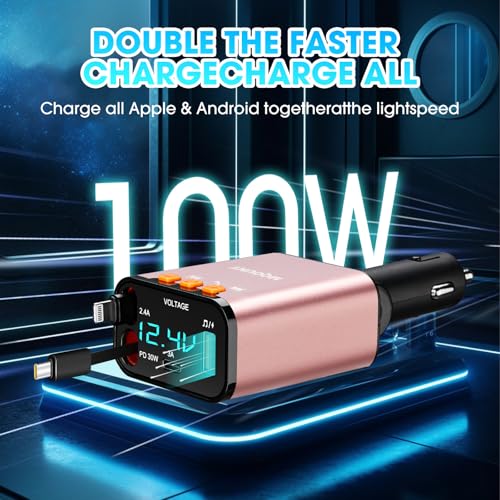 Retractable Car Charger,5 in 1 Fast Cars Phone Charger 60w,Bluetooth 5.3 FM Transmitter Adapter,Handsfree Call,MP3 Player,2 Retractable Cables and USB Chargers, for Phone,Galaxy,Pixel (Pink) - color: Pink