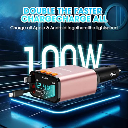 Retractable Car Charger,5 in 1 Fast Cars Phone Charger 60w,Bluetooth 5.3 FM Transmitter Adapter,Handsfree Call,MP3 Player,2 Retractable Cables and USB Chargers, for Phone,Galaxy,Pixel (Pink) - color: Pink