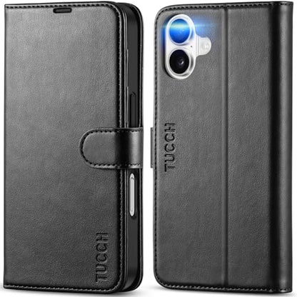 TUCCH Wallet Case for iPhone 16 (6.1") 2024, 4 Card Holders, Black | RFID Blocking, Viewing Stand, Shockproof TPU Shell, PU Leather, Magnetic Closure, Protective Folio Flip Cover - color: Black