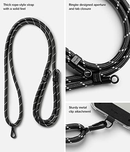 Ringke Holder Link Black, Adjustable Crossbody Strap with Cell Phone Tether Tab, Universal Multifunctional Lanyard Patch - color: Black & White