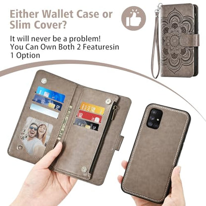 Asuwish Phone Case for Samsung Galaxy A71 5G Zipper Wallet Magnetic Detachable Cell Cover with Tempered Glass Screen Protector Crossbody Strap Flower Card Holder Slot A 71 G5 71A S71 Women Girls Gray - color: Gray