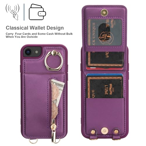 Crossbody Wallet Case for iPhone 7/8/SE 2020/SE 2022, with Card Slots Zipper Pocket Case, Flip Folio Purse RFID Blocking with Ring Kickstand Detachable Strap-Lavender - color: Lavender, size: iPhone 7/8/SE 2020/SE 2022 (4.7")