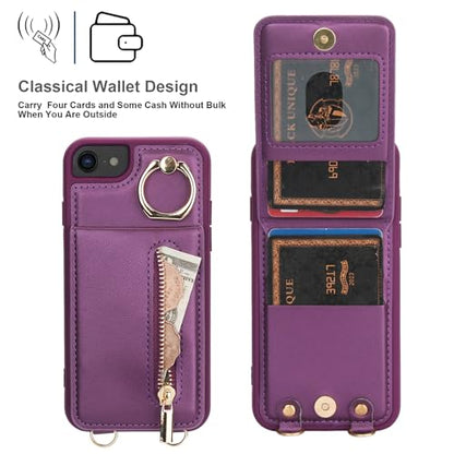 Crossbody Wallet Case for iPhone 7/8/SE 2020/SE 2022, with Card Slots Zipper Pocket Case, Flip Folio Purse RFID Blocking with Ring Kickstand Detachable Strap-Lavender - color: Lavender, size: iPhone 7/8/SE 2020/SE 2022 (4.7")