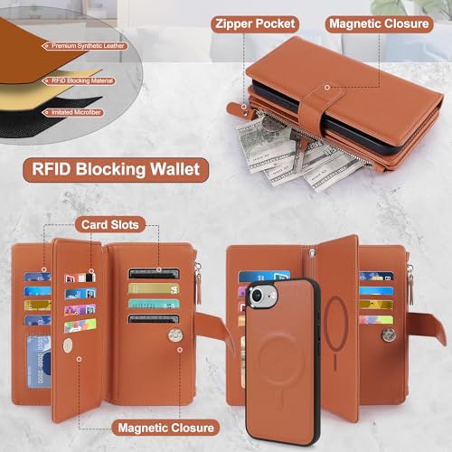 Magnetic Case for iPhone 16E Wallet Compatible with Magsafe RFID Blocking Card Holder Detachable Phone Cover Kickstand Snap Strap Zipper Pocket PU Leather (Brown) - color: Brown, size: iPhone 16e