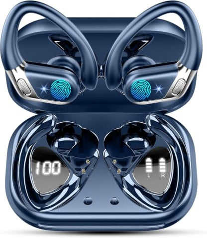 Wireless Earbuds, Bluetooth 5.4 Headphones Sport, 75H Deep Bass Sound Over Ear Buds with 4 ENC Noise Cancelling Mic, Dual LED Display, IP7 Waterproof Earphones with Earhook for Workout/Running/Gym - color: Dark blue