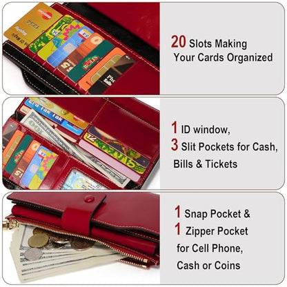 YALUXE Women's Real Leather Wallet RFID Protect 21 Card Slots Phone Pocket - color: 2- Waxed Red, size: Genuine Leather